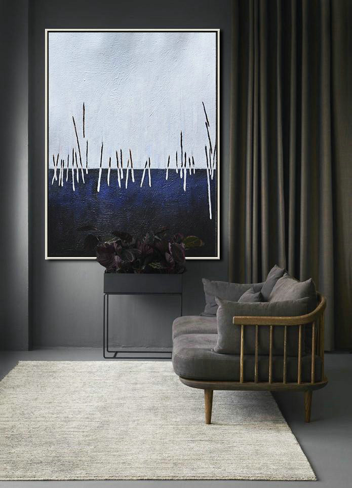 Large Abstract Art,Oversized Abstract Landscape Painting,Big Canvas Painting,White,Dark Blue,Black.etc